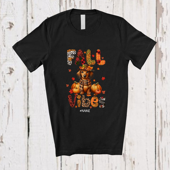 MacnyStore - Personalized Custom Name Fall Vibes; Adorable Thanksgiving Pilgrim Dachshund Autumn Leopard Plaid T-Shirt