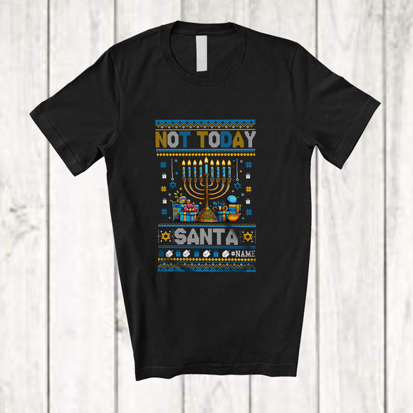 MacnyStore - Personalized Custom Name Not Today Santa; Happy Hanukkah Lights Sweater Anti Christmas; Family T-Shirt