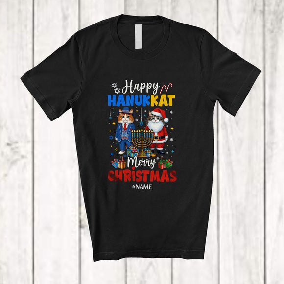 MacnyStore - Personalized Custom Name Happy Hanukkat Merry Christmas; Lovely Hanukkah Lights Cat Owner T-Shirt