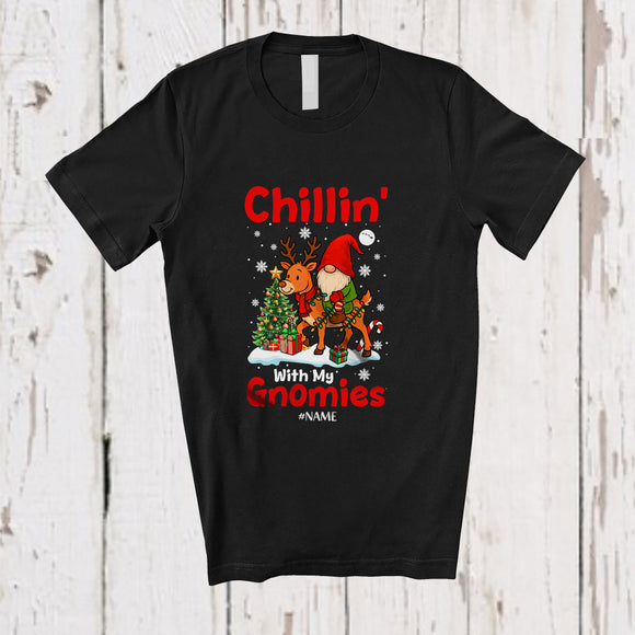 MacnyStore - Personalized Custom Name Chillin' With My Gnomies; Amusing Christmas Tree Gnome Riding Reindeer T-Shirt