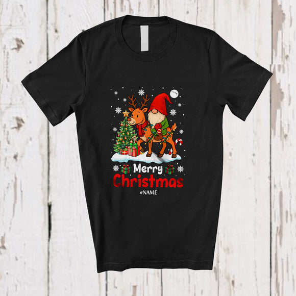 MacnyStore - Personalized Custom Name Merry Christmas; Amusing Christmas Tree Gnome Riding Reindeer T-Shirt