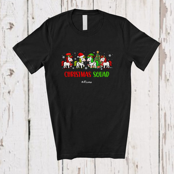 MacnyStore - Personalized Custom Name Christmas Squad; Lovely Four Santa Elf Unicorn; X-mas Tree Family T-Shirt