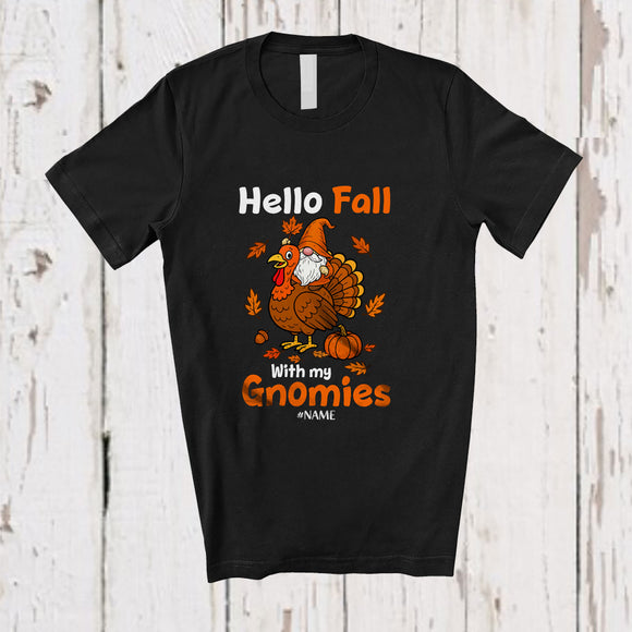 MacnyStore - Personalized Custom Name Hello Fall With My Gnomies; Amusing Thanksgiving Gnome Riding Turkey T-Shirt