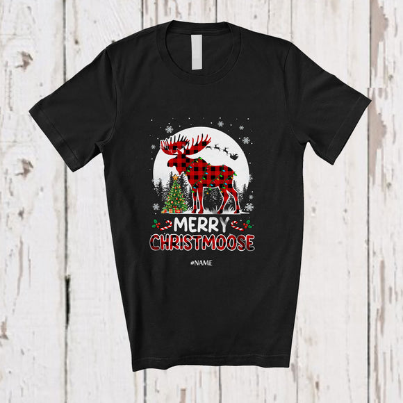 MacnyStore - Personalized Custom Name Merry Christmoose; Amazing Christmas Moon Red Plaid Moose T-Shirt