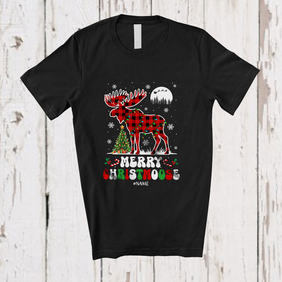 MacnyStore - Personalized Custom Name Merry Christmoose; Lovely Christmas Groovy Red Plaid Moose T-Shirt