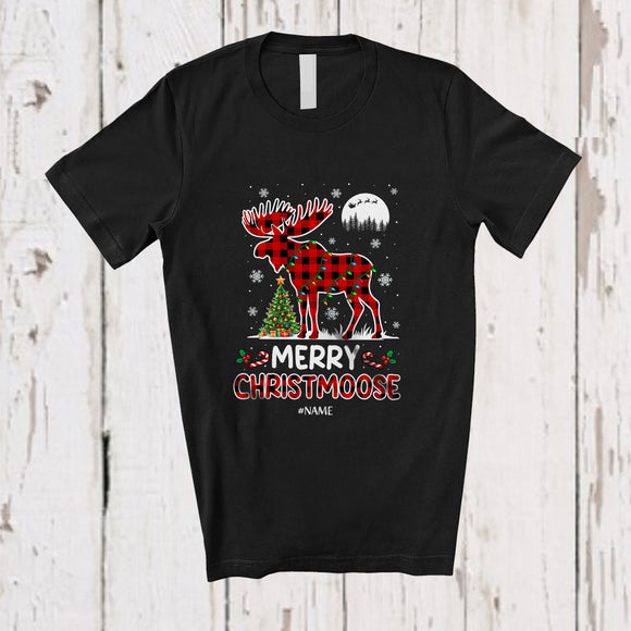 MacnyStore - Personalized Custom Name Merry Christmoose; Amazing Christmas Lights Red Plaid Moose T-Shirt