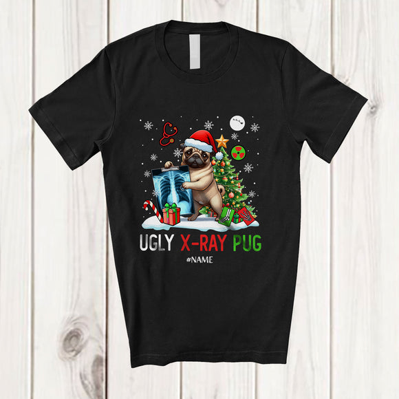 MacnyStore - Personalized Custom Name Ugly X-Ray Pug; Humorous Christmas Tree Santa Pug Owner T-Shirt