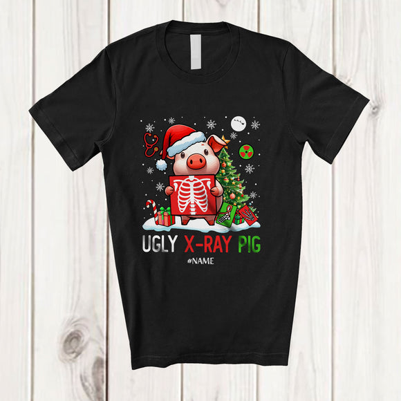 MacnyStore - Personalized Custom Name Ugly X-Ray Pig; Humorous Christmas Tree Santa Pig Farmer T-Shirt