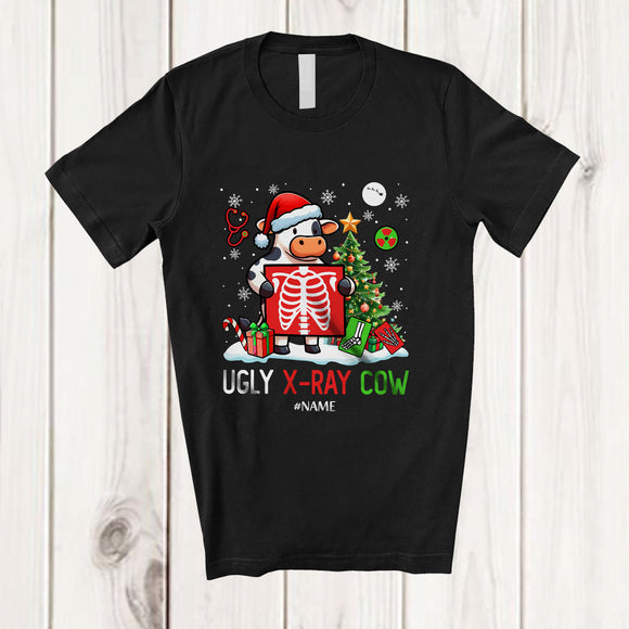 MacnyStore - Personalized Custom Name Ugly X-Ray Cow; Humorous Christmas Tree Santa Cow Farmer T-Shirt