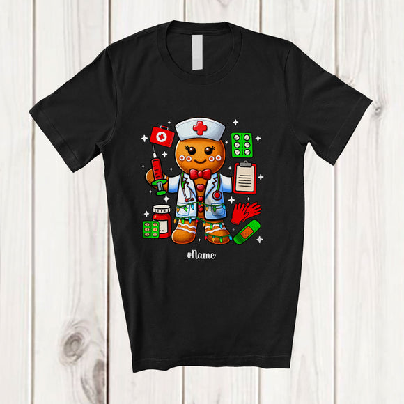 MacnyStore - Personalized Custom Name Nurse Gingerbread; Amusing Christmas Lights Baking Baker T-Shirt