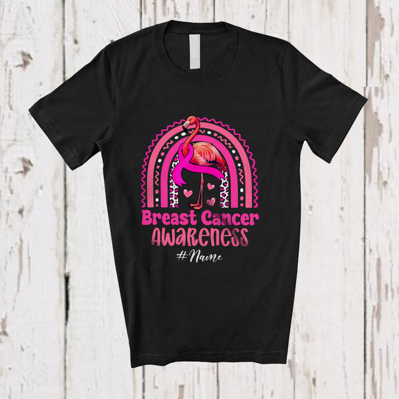 MacnyStore - Personalized Custom Name Breast Cancer; Lovely Pink Ribbon Flamingo Rainbow T-Shirt