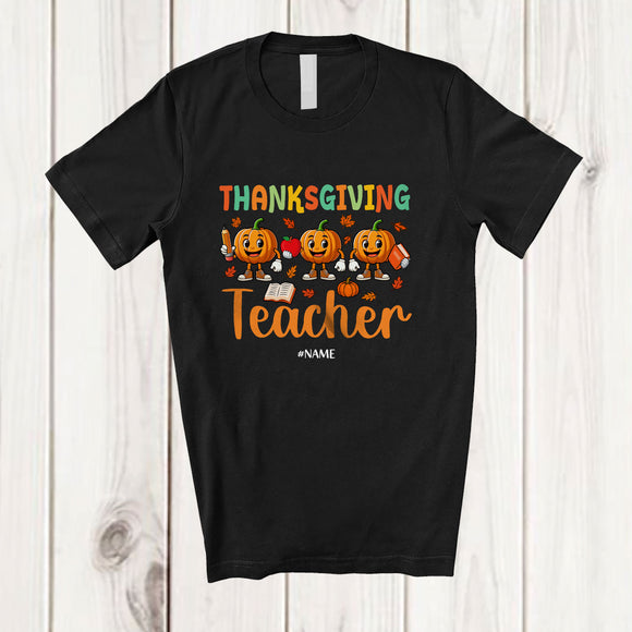 MacnyStore - Personalized Custom Name Thanksgiving Teacher; Humorous Fall Three Pumpkins; Family T-Shirt