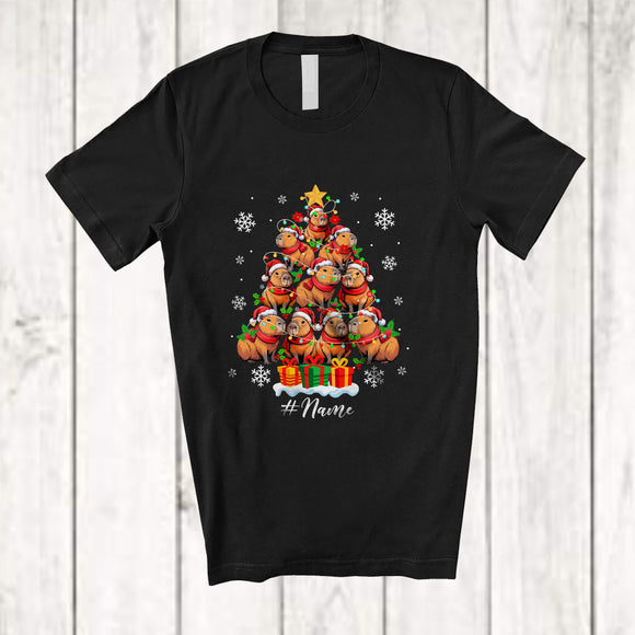 MacnyStore - Personalized Custom Name Santa Capybara Christmas Tree; Awesome X-mas Lights Snow Family T-Shirt