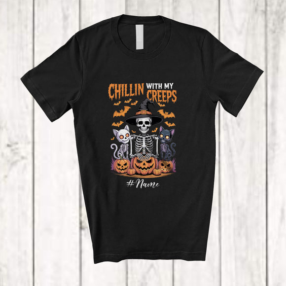 MacnyStore - Personalized Custom Name Chillin With My Creeps; Horror Halloween Cosplay Witch Skeleton Cat T-Shirt
