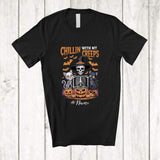 MacnyStore - Personalized Custom Name Chillin With My Creeps; Horror Halloween Cosplay Witch Skeleton Cat T-Shirt