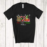 MacnyStore - Personalized Custom Name Peace Love Christmas; Amusing Hand Sign Candy Cane Heart Gnome T-Shirt