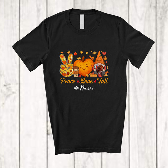 MacnyStore - Personalized Custom Name Peace Love Fall; Amusing Thanksgiving Hand Sign Pumpkin Heart Gnome T-Shirt