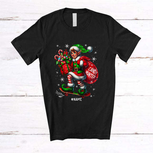 MacnyStore - Personalized Custom Name Candy Hunter; Amusing Christmas Elf Snowing; Pajama Family T-Shirt