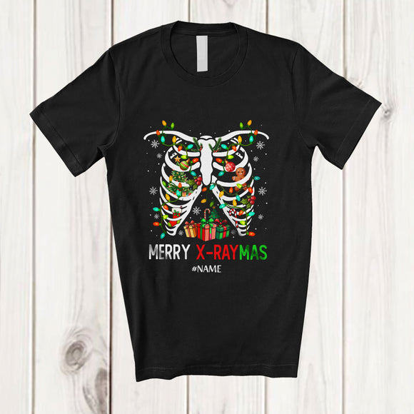 MacnyStore - Personalized Custom Name Merry X-Raymas; Joyful Christmas Santa Skeleton X-Ray Rib Cage Radiology T-Shirt