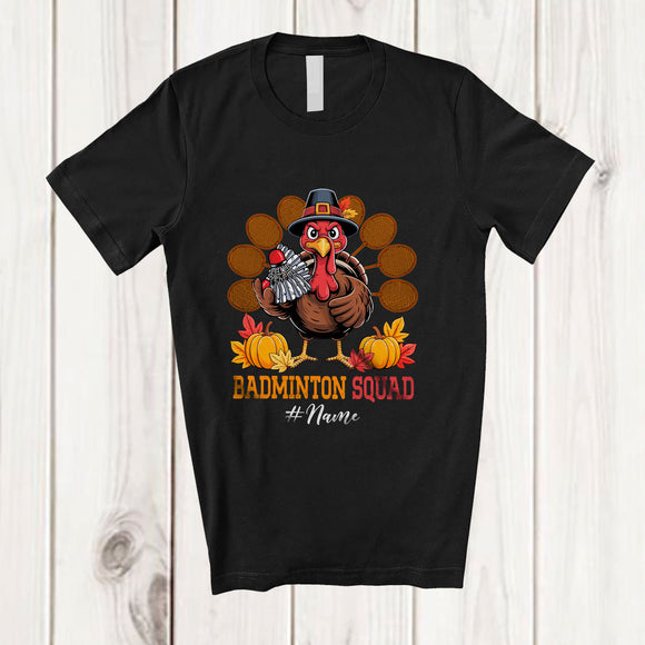 MacnyStore - Personalized Custom Name Badminton Squad; Happy Thanksgiving Turkey Badminton Racket Tail Player T-Shirt