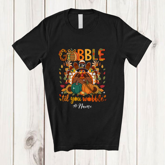 MacnyStore - Personalized Custom Name Gobble Til You Wobble; Amazing Thanksgiving Plaid Turkey Pumpkin T-Shirt