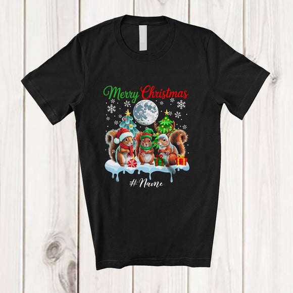 MacnyStore - Personalized Custom Name Merry Christmas; Lovely Three Santa Elf Squirrel Rodent Animal T-Shirt