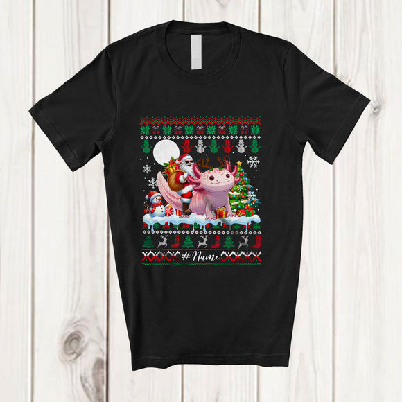 MacnyStore - Personalized Custom Name Santa Riding Axolotl Reindeer; Amusing Christmas Sweater Snow Animal T-Shirt