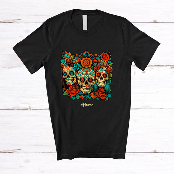 MacnyStore - Personalized Custom Name Three Floral Skulls; Amazing Dia De Los Muertos Sugar Skull Mexican T-Shirt