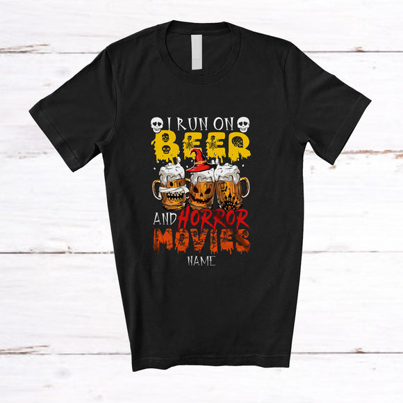 MacnyStore - Personalized Custom Name Run On Beer Horror Movies; Creepy Halloween Three Beer Glasses; Drinking T-Shirt