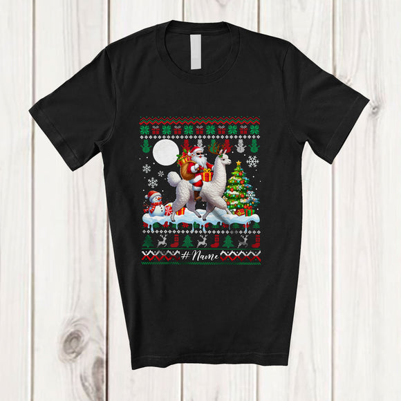 MacnyStore - Personalized Custom Name Santa Riding Llama Reindeer; Amusing Christmas Sweater Snow Animal T-Shirt