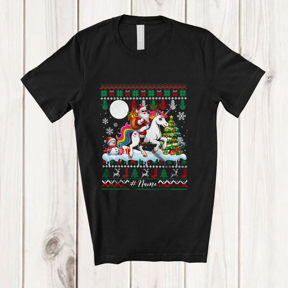MacnyStore - Personalized Custom Name Santa Riding Unicorn Reindeer; Amusing Christmas Sweater Snow Family T-Shirt