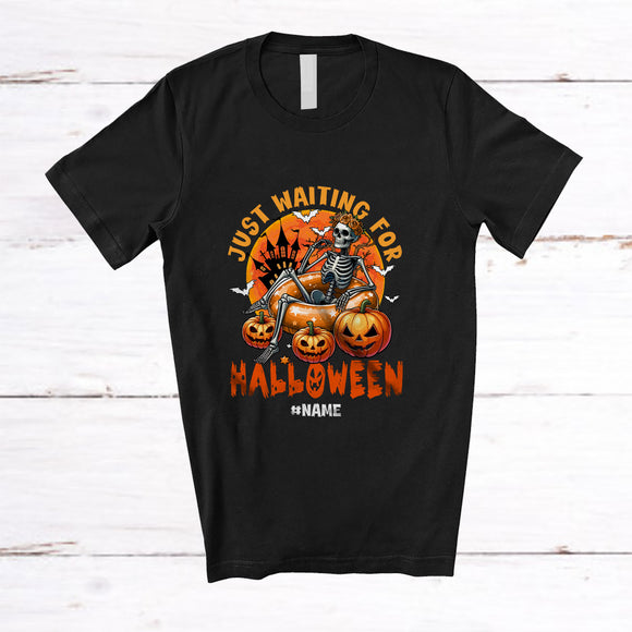 MacnyStore - Personalized Custom Name Wait For Halloween; Scary Pumpkin Women Skeleton Moon; Family T-Shirt