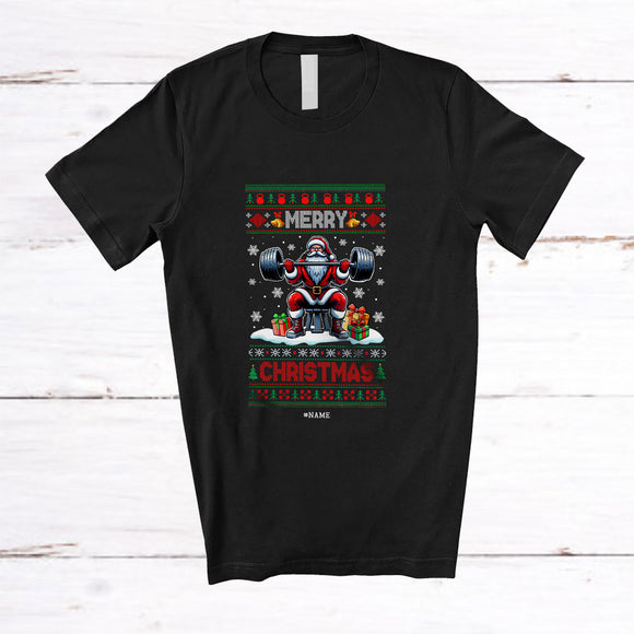 MacnyStore - Personalized Custom Name Merry Christmas; Humorous X-mas Sweater Santa Muscle Weightlifting T-Shirt