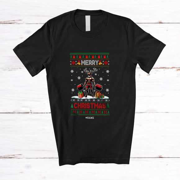 MacnyStore - Personalized Custom Name Merry Christmas; Humorous X-mas Sweater Reindeer Muscle Weightlifting T-Shirt