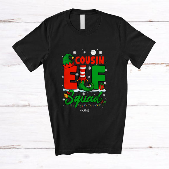 MacnyStore - Personalized Custom Name Cousin Elf Squad; Humorous Christmas Elf Shoes Snowing; Pajama Family T-Shirt