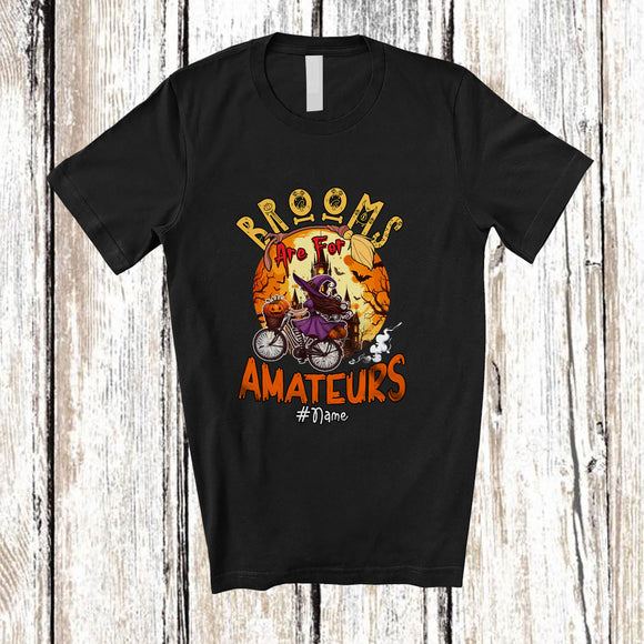 MacnyStore - Personalized Custom Name Brooms For Amateurs; Scary Halloween Moon Riding Bicycle Witch T-Shirt