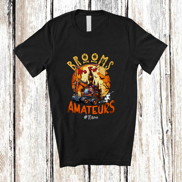 MacnyStore - Personalized Custom Name Brooms For Amateurs; Scary Halloween Moon Riding Excavator Witch T-Shirt