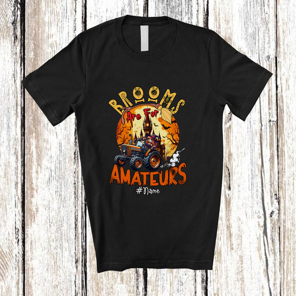 MacnyStore - Personalized Custom Name Brooms For Amateurs; Scary Halloween Moon Riding Tractor Witch T-Shirt