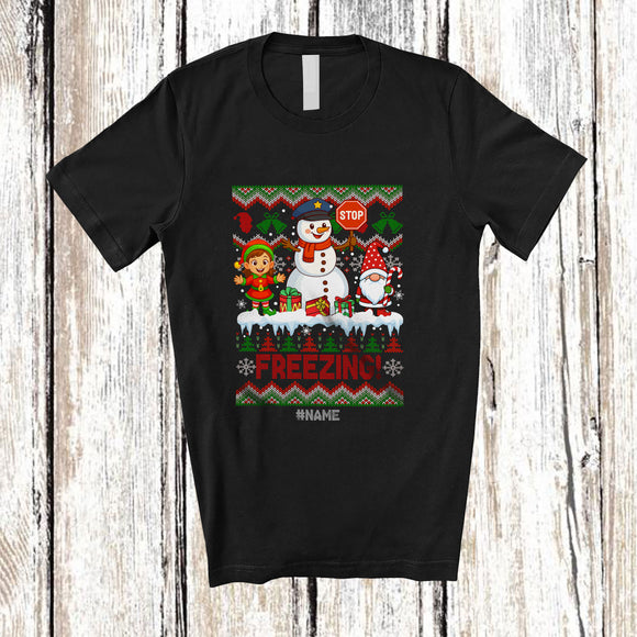 MacnyStore - Personalized Custom Name Freezing; Wonderful Christmas Sweater Elf Snowman Gnome; Winter Family T-Shirt