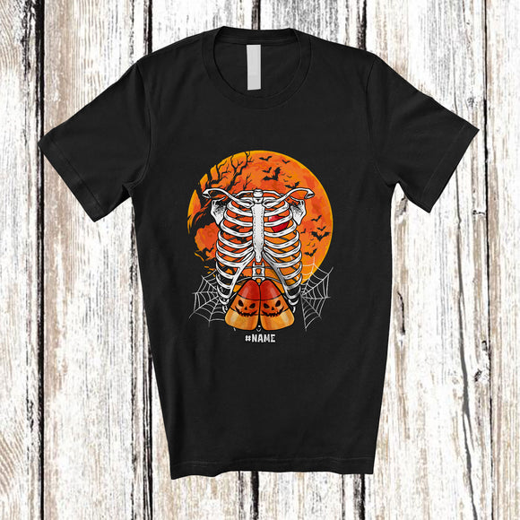 MacnyStore - Personalized Custom Name Heart Rib Cage X-Ray With Candy Corn; Horror Halloween Moon Family T-Shirt