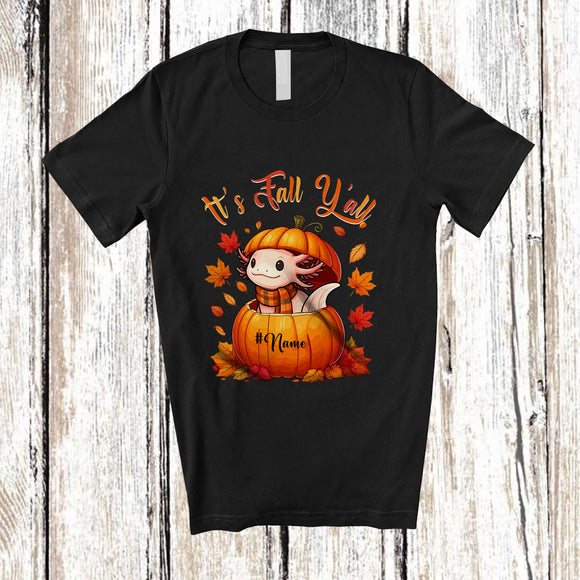 MacnyStore - Personalized Custom Name It's Fall Y'all; Adorable Thanksgiving Axolotl In Autumn Pumpkin T-Shirt