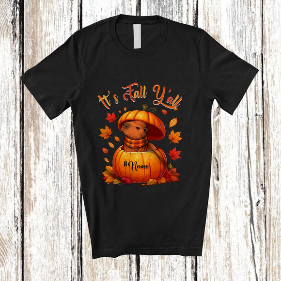 MacnyStore - Personalized Custom Name It's Fall Y'all; Adorable Thanksgiving Capybara In Autumn Pumpkin T-Shirt
