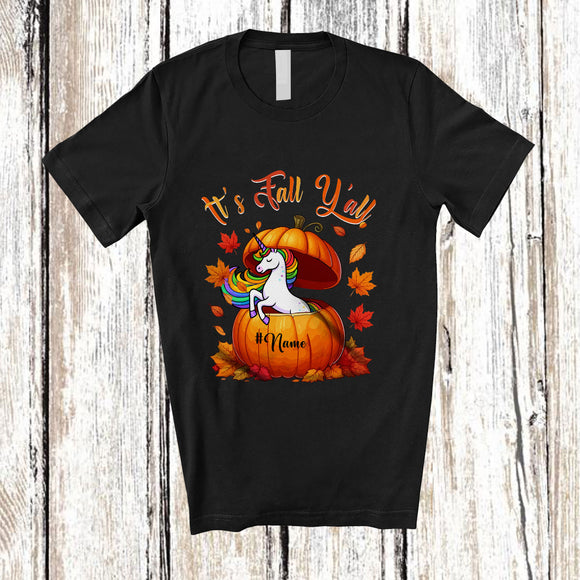 MacnyStore - Personalized Custom Name It's Fall Y'all; Adorable Thanksgiving Unicorn In Autumn Pumpkin T-Shirt