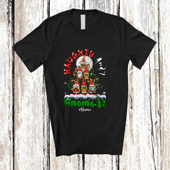 MacnyStore - Personalized Custom Name Naughty And I Gnome It; Joyful Christmas Tree Gnomies; Family T-Shirt