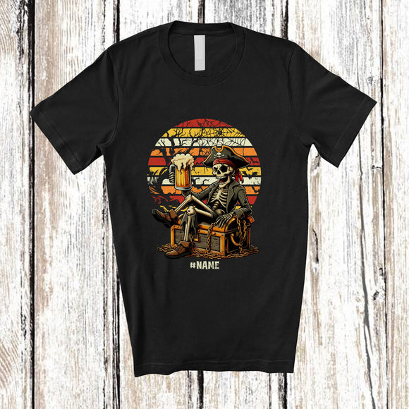 MacnyStore - Personalized Custom Name Pirate Skeleton Drinking Beer; Horror Halloween Drunker Retro T-Shirt