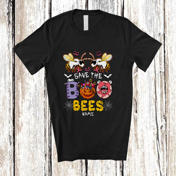 MacnyStore - Personalized Custom Name Save The Boo Bees; Sarcastic Breast Cancer Halloween Pink Ribbon T-Shirt