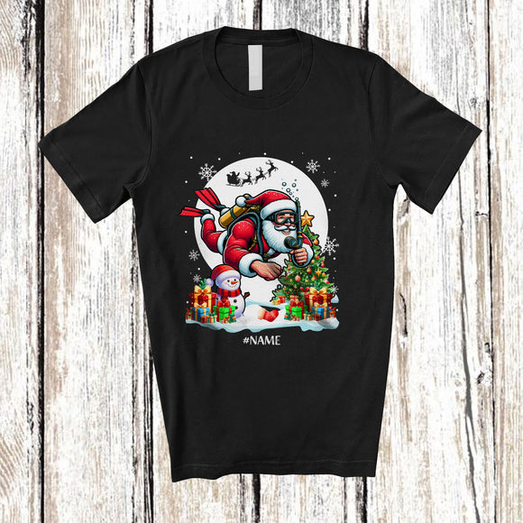 MacnyStore - Personalized Custom Name Santa Scuba Diving; Joyful Christmas Moon Tree Snowman; Family T-Shirt