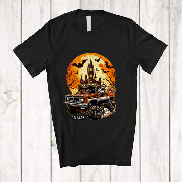 MacnyStore - Personalized Custom Name Skeleton Driving Pickup Truck; Horror Halloween Moon Candy; Family T-Shirt