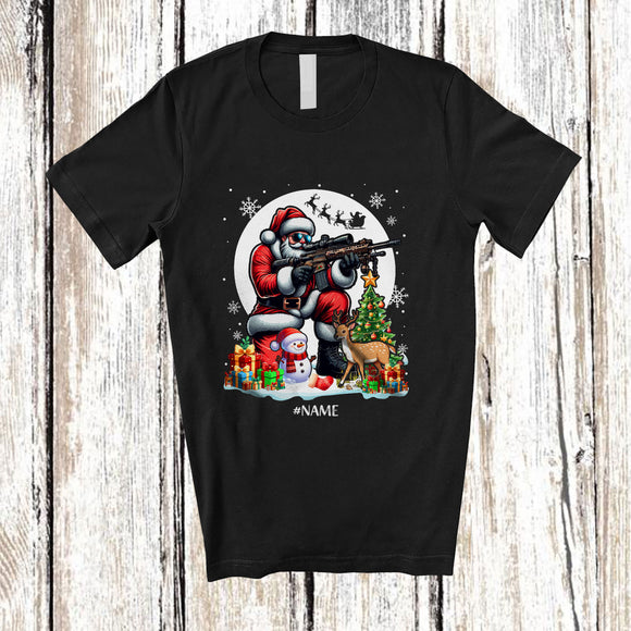 MacnyStore - Personalized Custom Name Santa Hunting; Joyful Christmas Moon Tree Snowman; Family T-Shirt