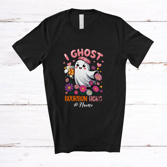 MacnyStore - Personalized Custom Name I Ghost Bourbon Here; Lovely Halloween Pink Boo Flowers; Drinking T-Shirt